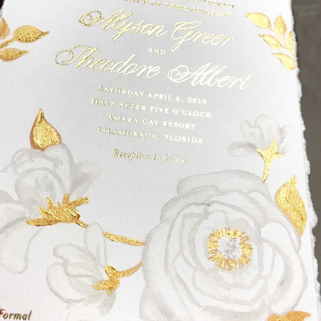 Hand-painted gold metallic floral beach wedding invitations with gold foil printing for an Islamorada, Florida wedding by artist Michelle Mospens. - Mospens Studio