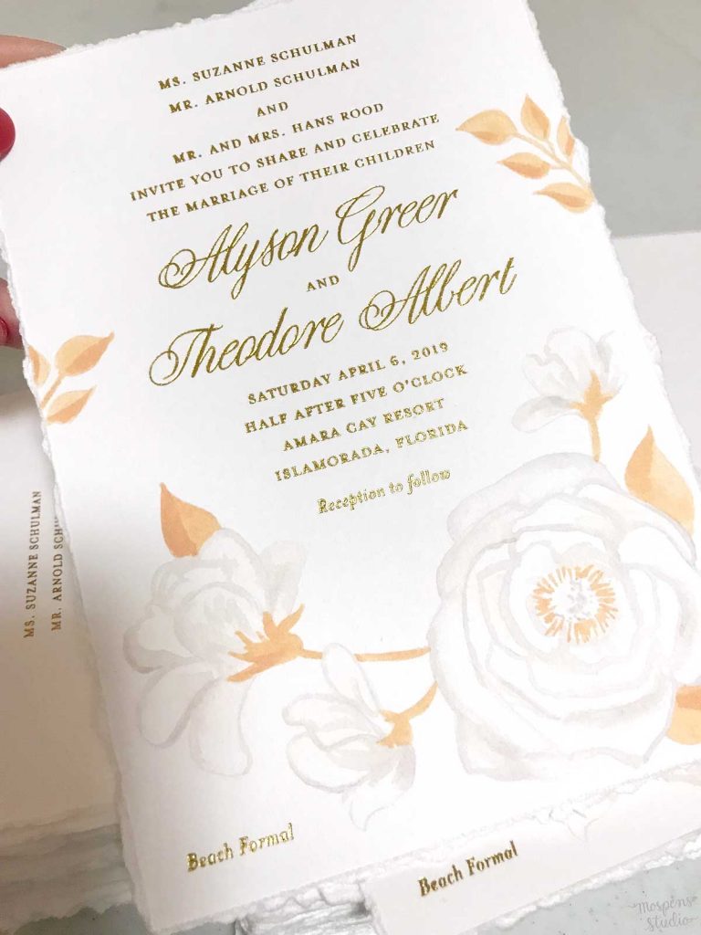 Hand-painted gold metallic floral beach wedding invitations with gold foil printing for an Islamorada, Florida wedding by artist Michelle Mospens. - Mospens Studio