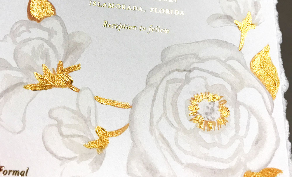 Hand-painted gold metallic floral beach wedding invitations with gold foil printing for an Islamorada, Florida wedding by artist Michelle Mospens. - Mospens Studio