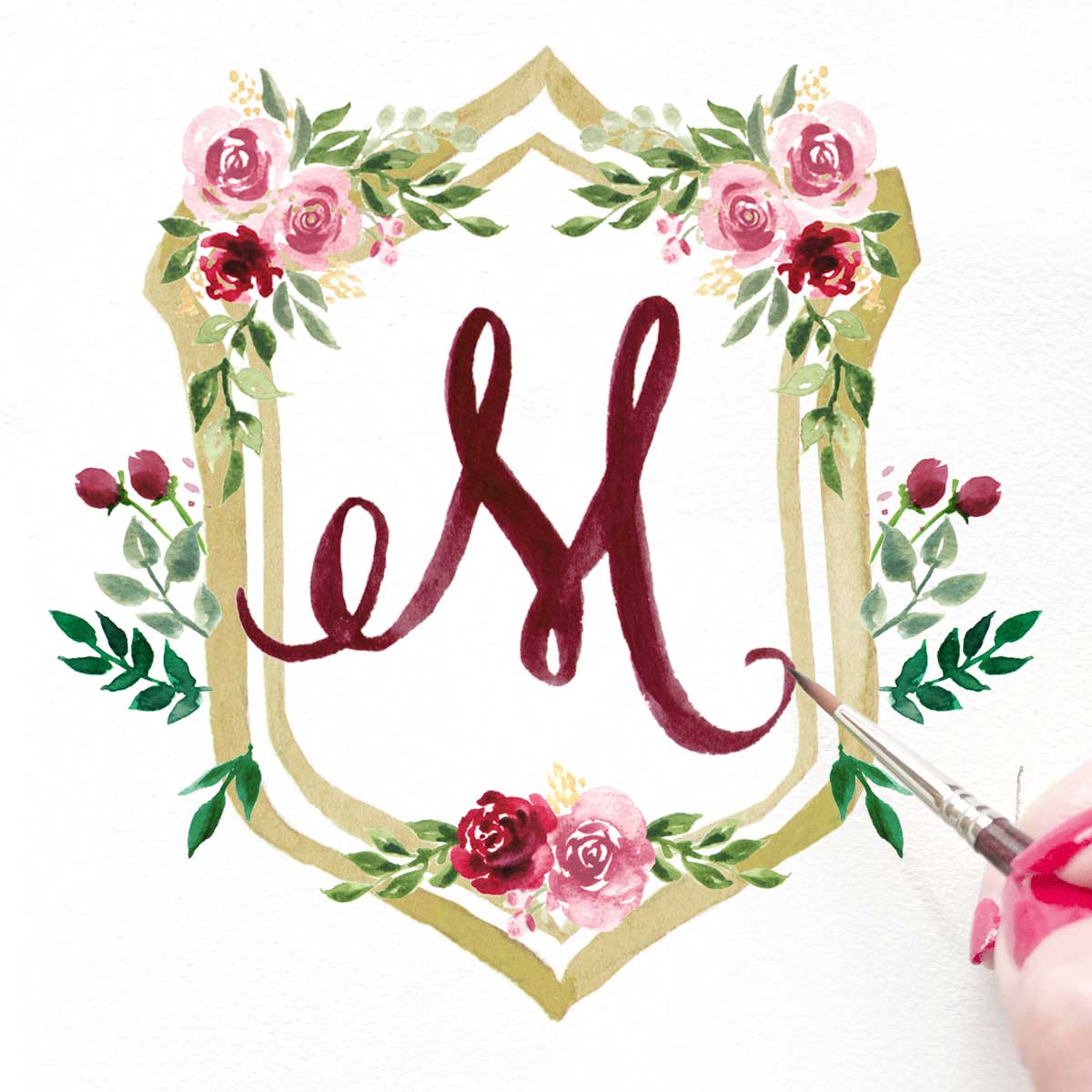 Watercolor wedding crest with burgundy flowers by Michelle Mospens. - Mospens Studio