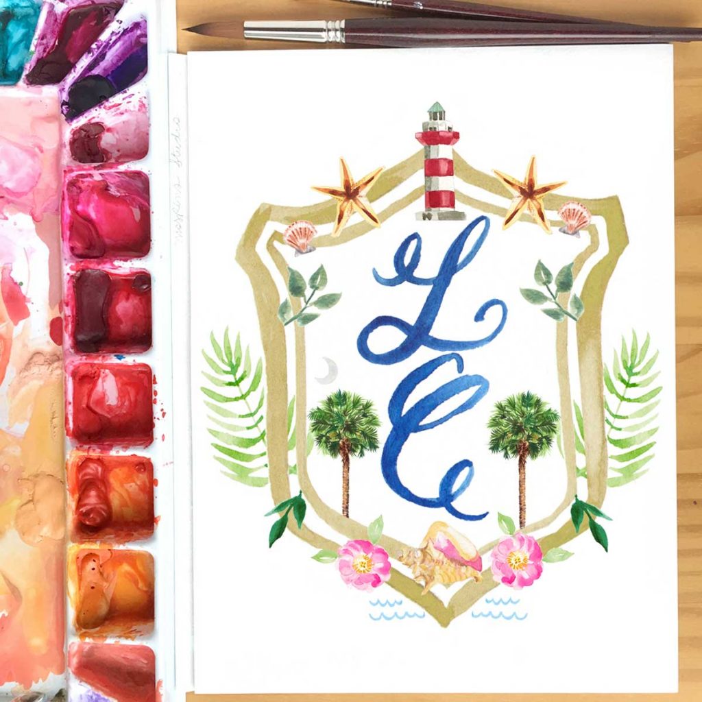 Hilton Head Island watercolor wedding crest by Michelle Mospens. - Mospens Studio