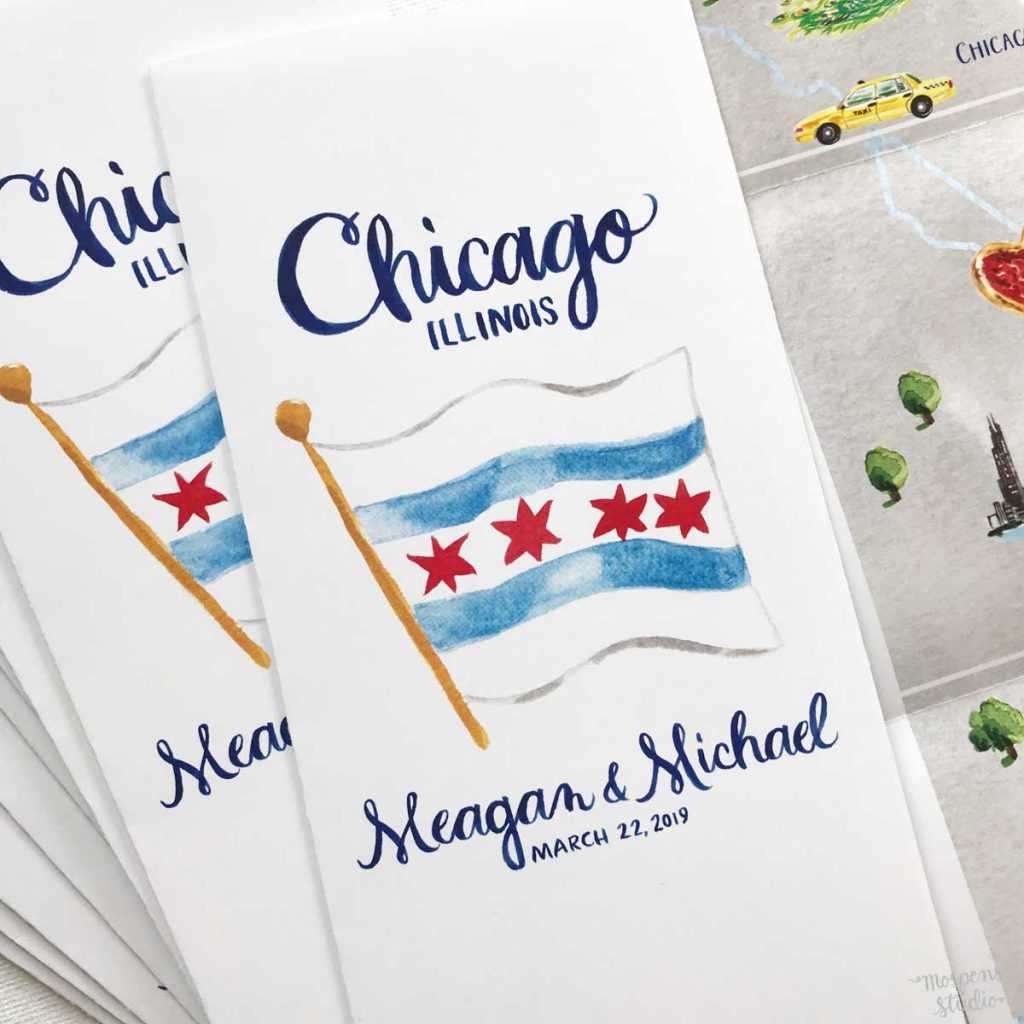 Hand-painted Chicago, IL wedding map design printed on large 8.5 x 11" poster. 100% original art by Michelle Mospens. - Mospens Studio