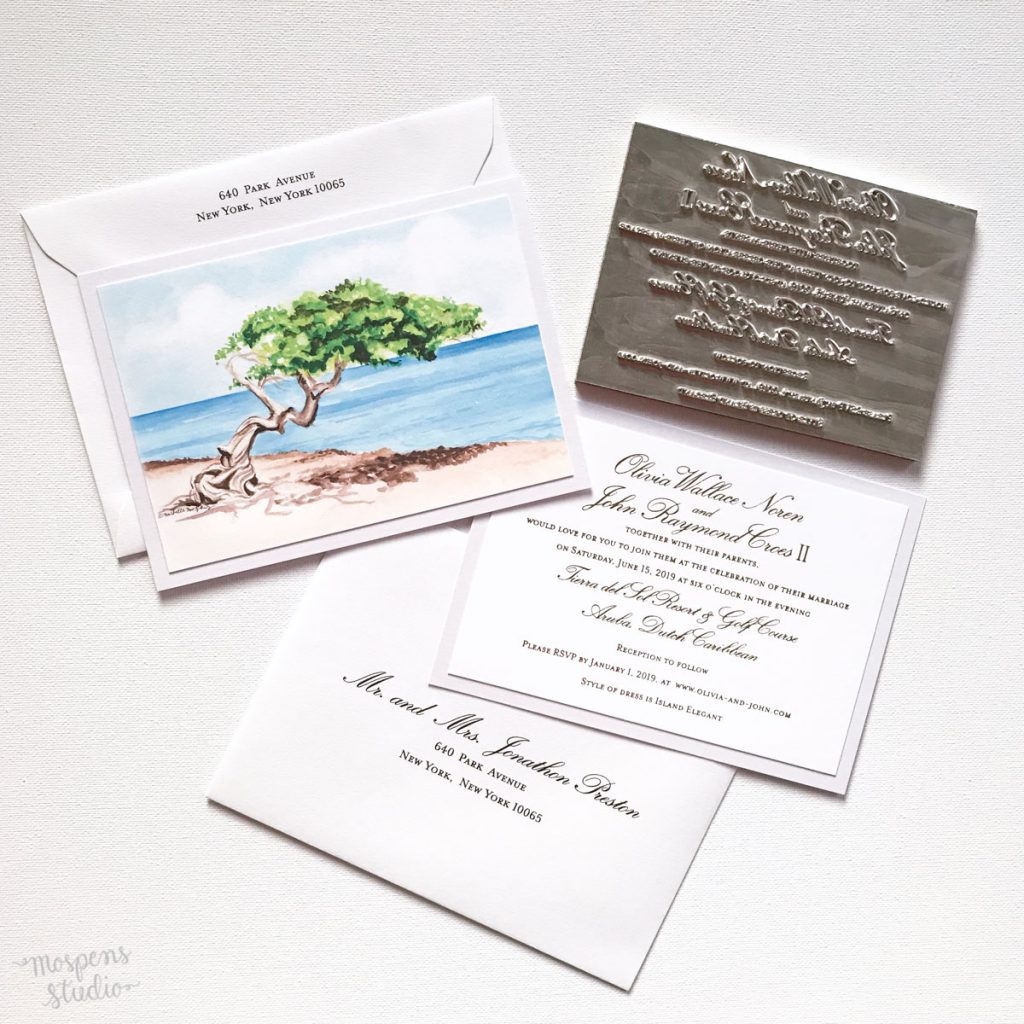 Hand painted Aruba Divi Tree wedding invitation design by artist Michelle Mospens. The art and gold foil printing makes this keepsake invitation a keeper! - Mospens Studio