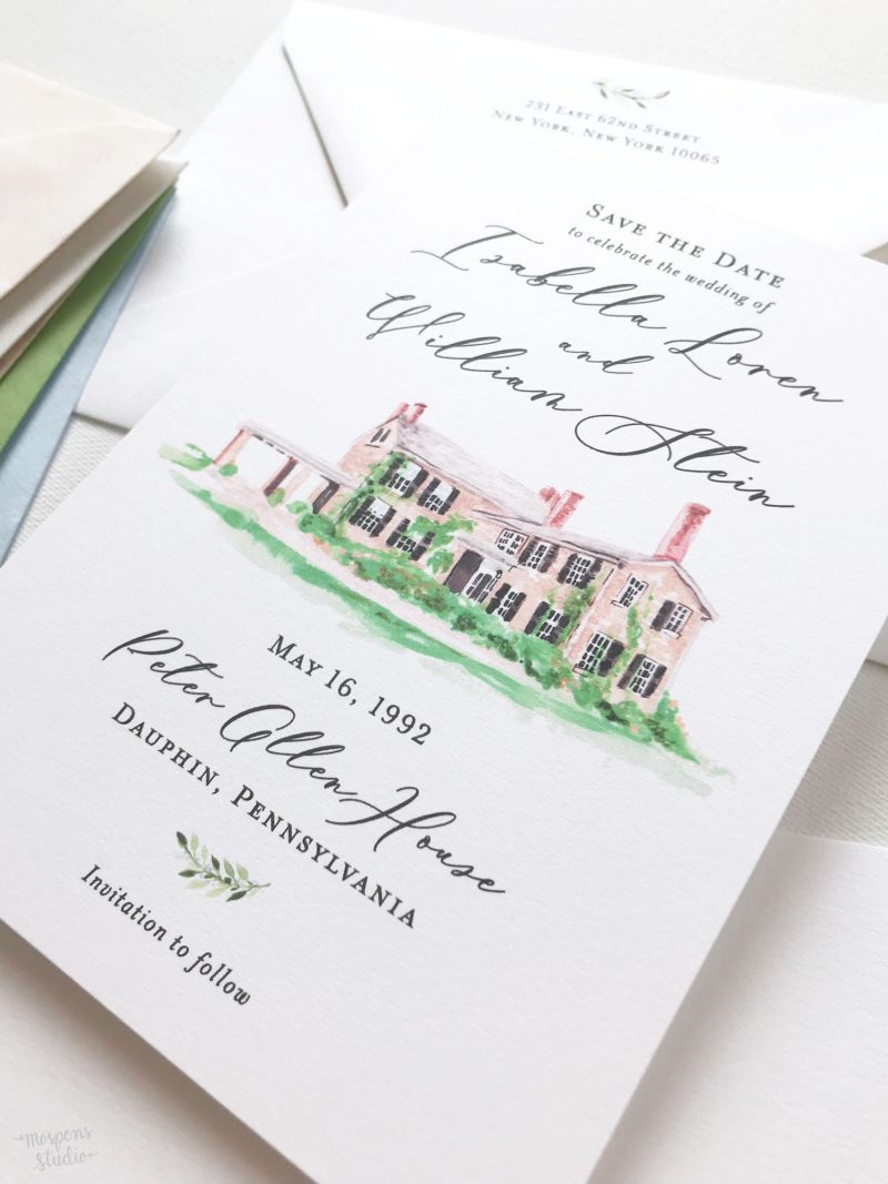 Peter Allen House watercolor venue illustration save the date cards by artist Michelle Mospens. - Mospens Studio