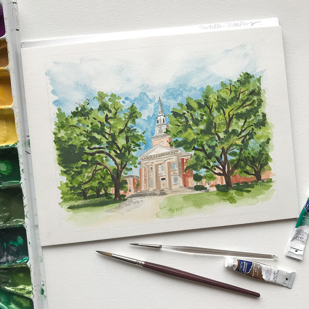 Watercolor wedding venue Robert Carr Chapel by Michelle Mospens.