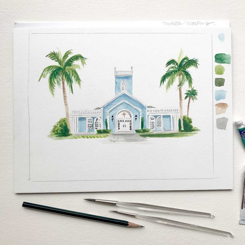 Hand-painted Royal Poinciana Chapel for a Palm Beach Florida wedding. - Mospens Studio