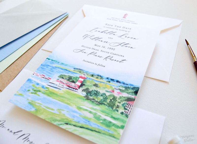 Sea Pines Hilton Head watercolor venue illustration save the date cards by artist Michelle Mospens. - Mospens Studio