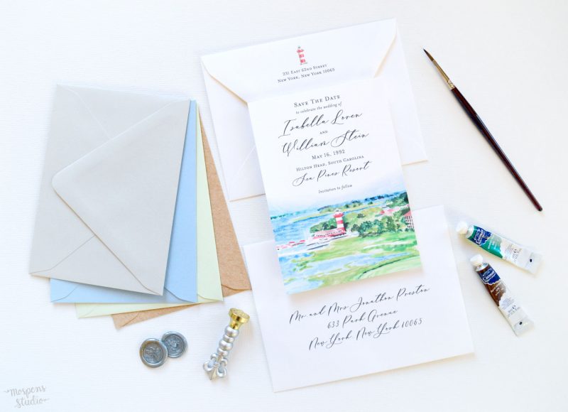 Sea Pines Hilton Head watercolor venue illustration save the date cards by artist Michelle Mospens. - Mospens Studio