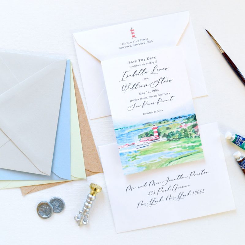 Sea Pines Hilton Head watercolor venue illustration save the date cards by artist Michelle Mospens. - Mospens Studio