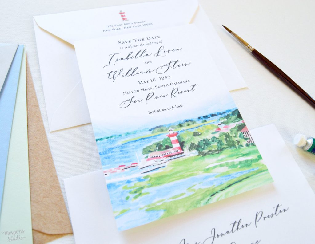 Sea Pines Hilton Head watercolor venue illustration save the date cards by artist Michelle Mospens. - Mospens Studio