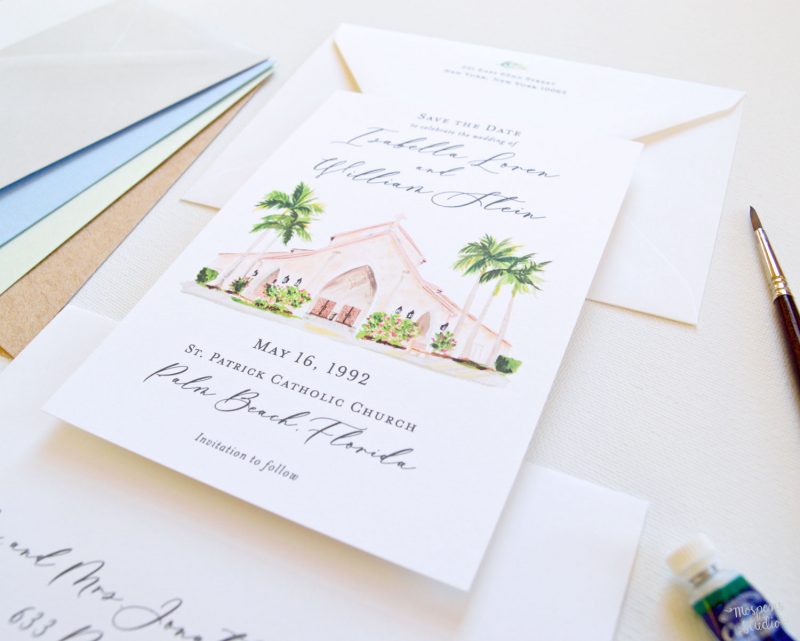 St. Patrick Catholic Church Palm Beach Florida watercolor venue illustration save the date cards by artist Michelle Mospens. - Mospens Studio