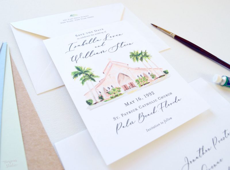 St. Patrick Catholic Church Palm Beach Florida watercolor venue illustration save the date cards by artist Michelle Mospens. - Mospens Studio