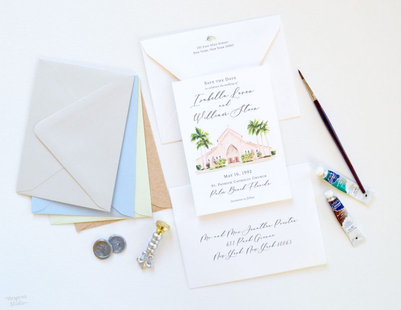 St. Patrick Catholic Church Palm Beach Florida watercolor venue illustration save the date cards by artist Michelle Mospens. - Mospens Studio