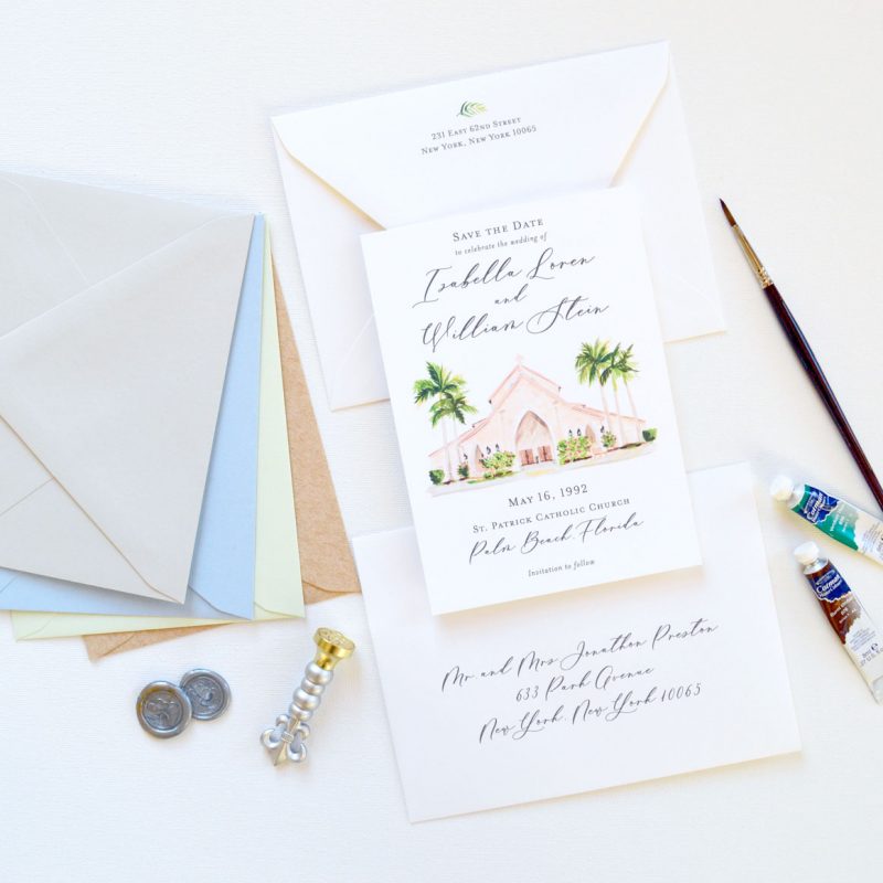 St. Patrick Catholic Church Palm Beach Florida watercolor venue illustration save the date cards by artist Michelle Mospens. - Mospens Studio