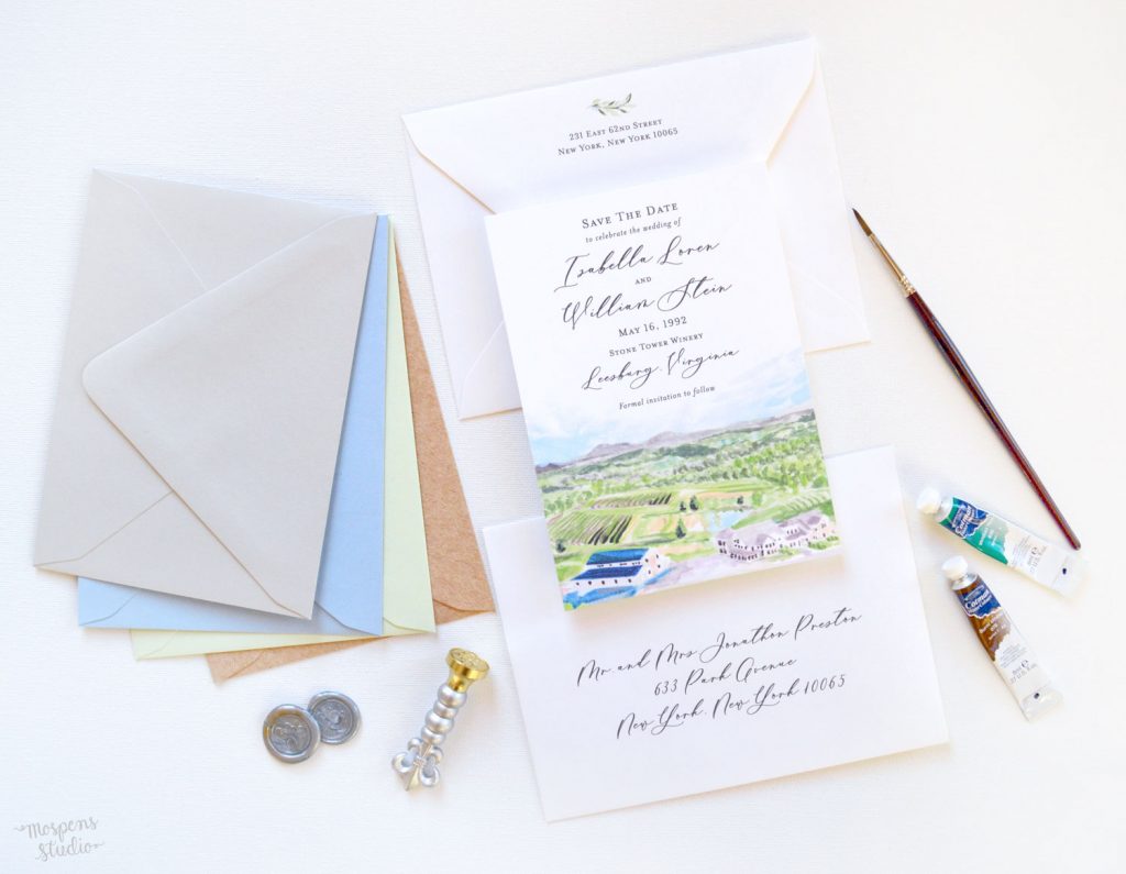 Stone Tower Winery Leesburg Virginia watercolor venue illustration save the date cards by artist Michelle Mospens. - Mospens Studio