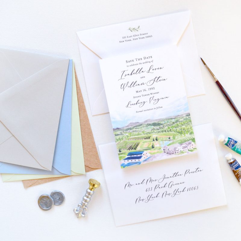 Stone Tower Winery Leesburg Virginia watercolor venue illustration save the date cards by artist Michelle Mospens. - Mospens Studio