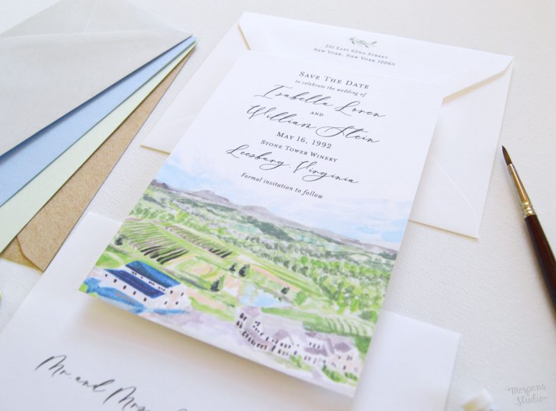 Stone Tower Winery Leesburg Virginia watercolor venue illustration save the date cards by artist Michelle Mospens. - Mospens Studio