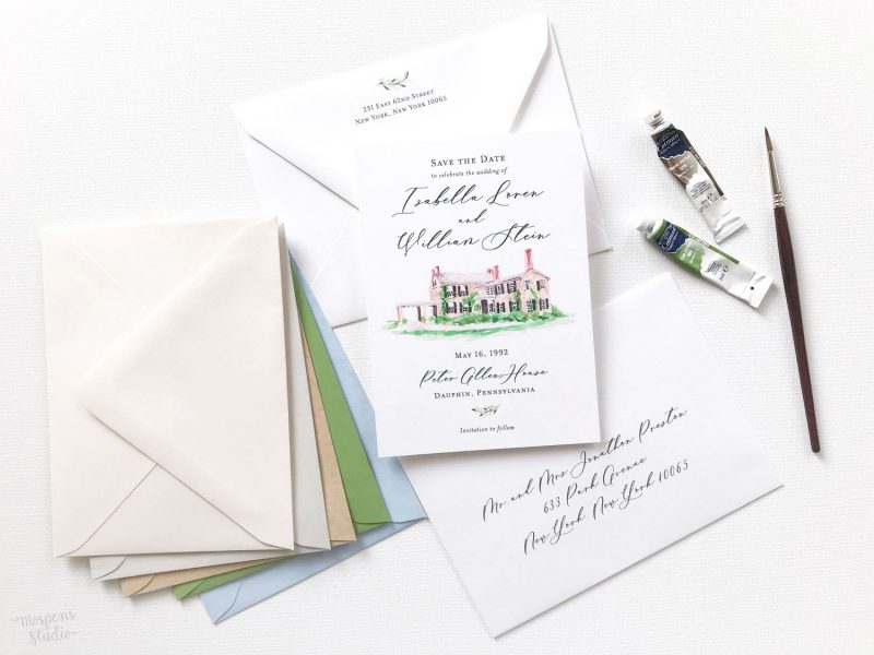 Peter Allen House watercolor venue illustration save the date cards by artist Michelle Mospens. - Mospens Studio