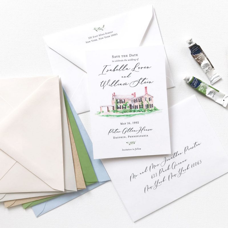 Peter Allen House watercolor venue illustration save the date cards by artist Michelle Mospens. - Mospens Studio