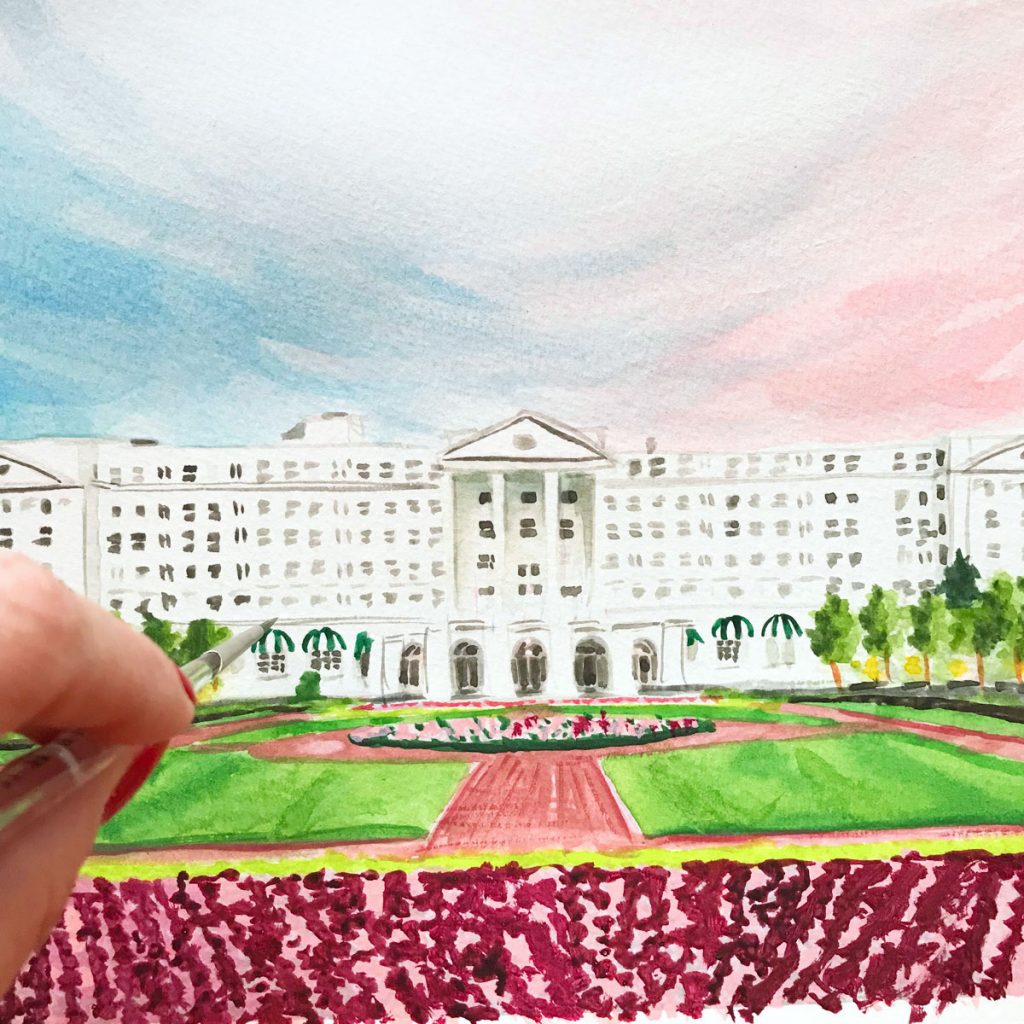 Greenbrier wedding venue watercolor illustration sketch by artist Michelle Mospens.