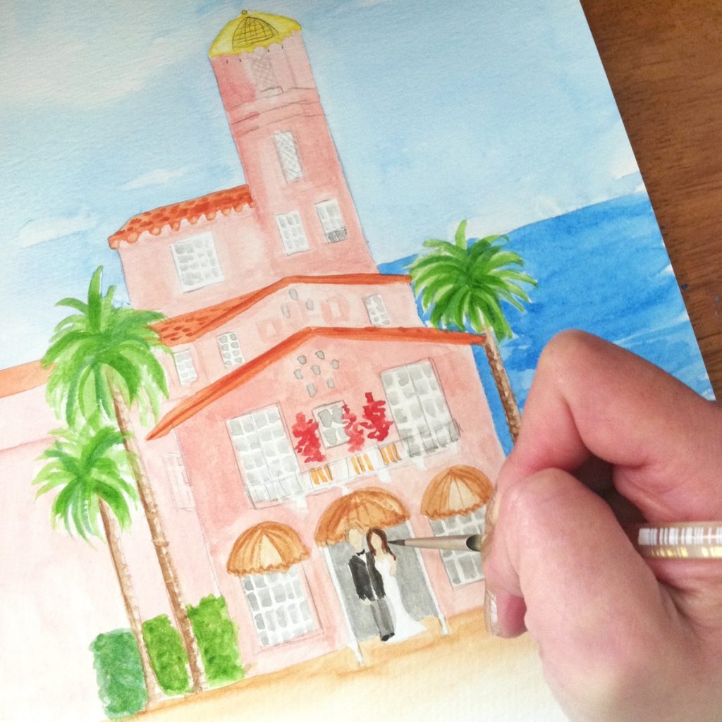 La Valencia Hotel California wedding venue sketch by Michelle Mospens.