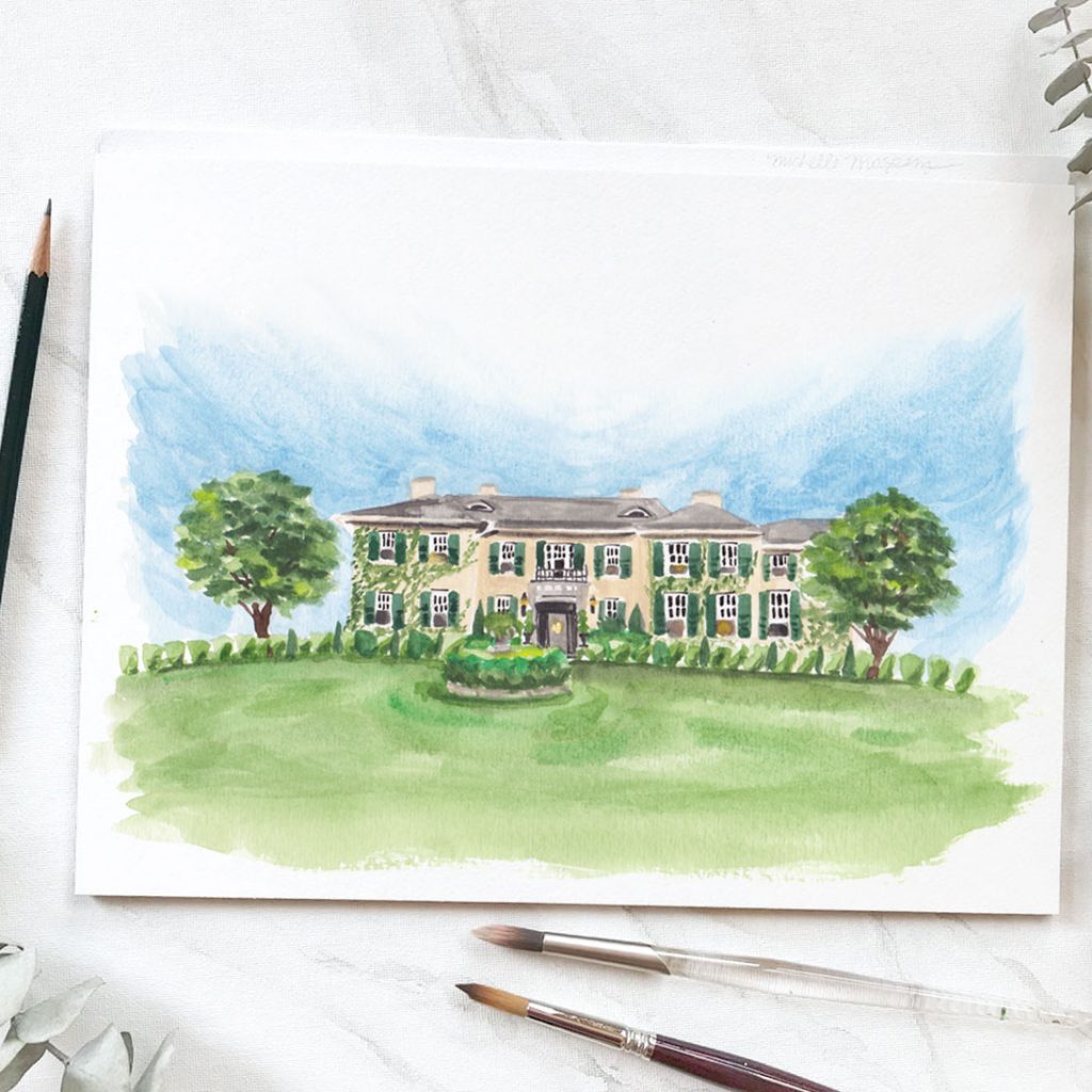 Hand-painted Lord Thompson Manor wedding venue illustration by artist Michelle Mospens.