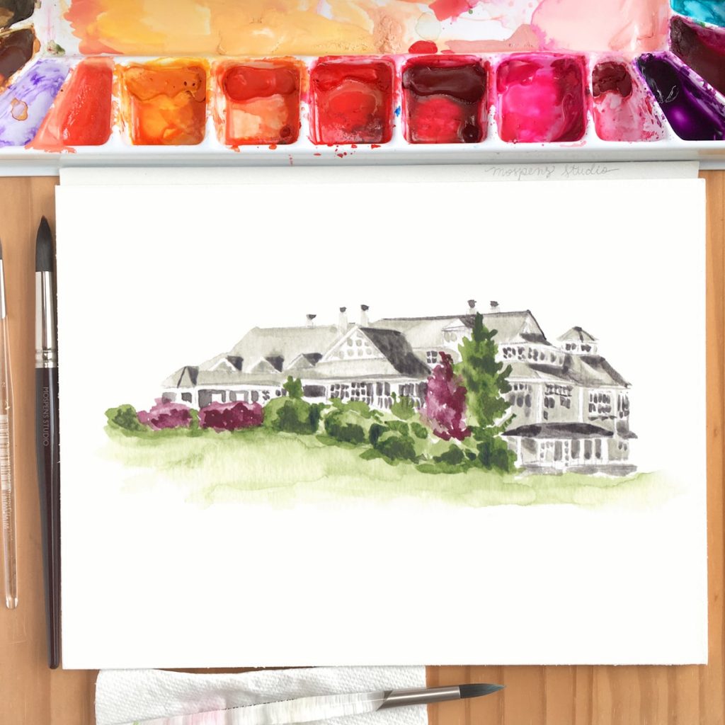 Ridge Club hand-painted watercolor venue illustration by Michelle Mospens.