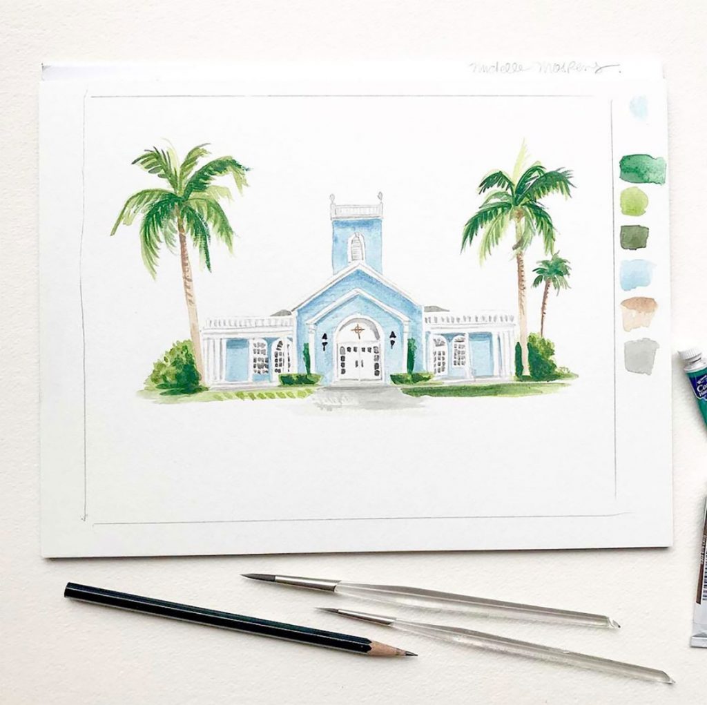Hand-painted Royal Poinciana Chapel for a Palm Beach Florida wedding. Original art by Michelle Mospens. // Mospens Studio