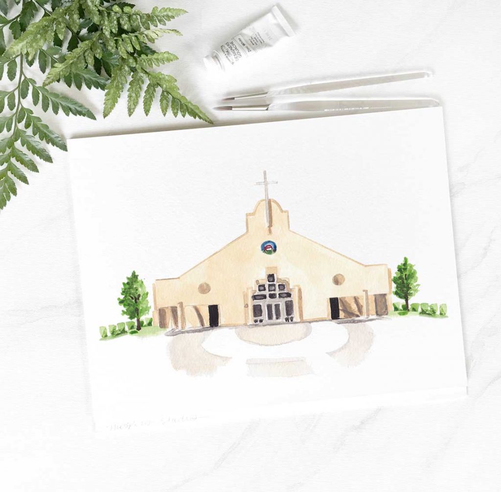 Saint Peter Chanel Catholic Church California wedding venue illustration by Michelle Mospens. // Mospens Studio
