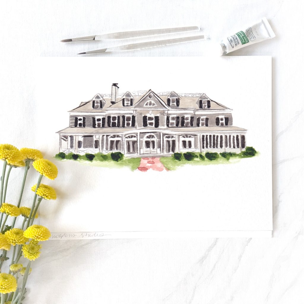 Seawanhaka Corinthian Yacht Club hand-painted wedding venue sketch by Michelle Mospens.