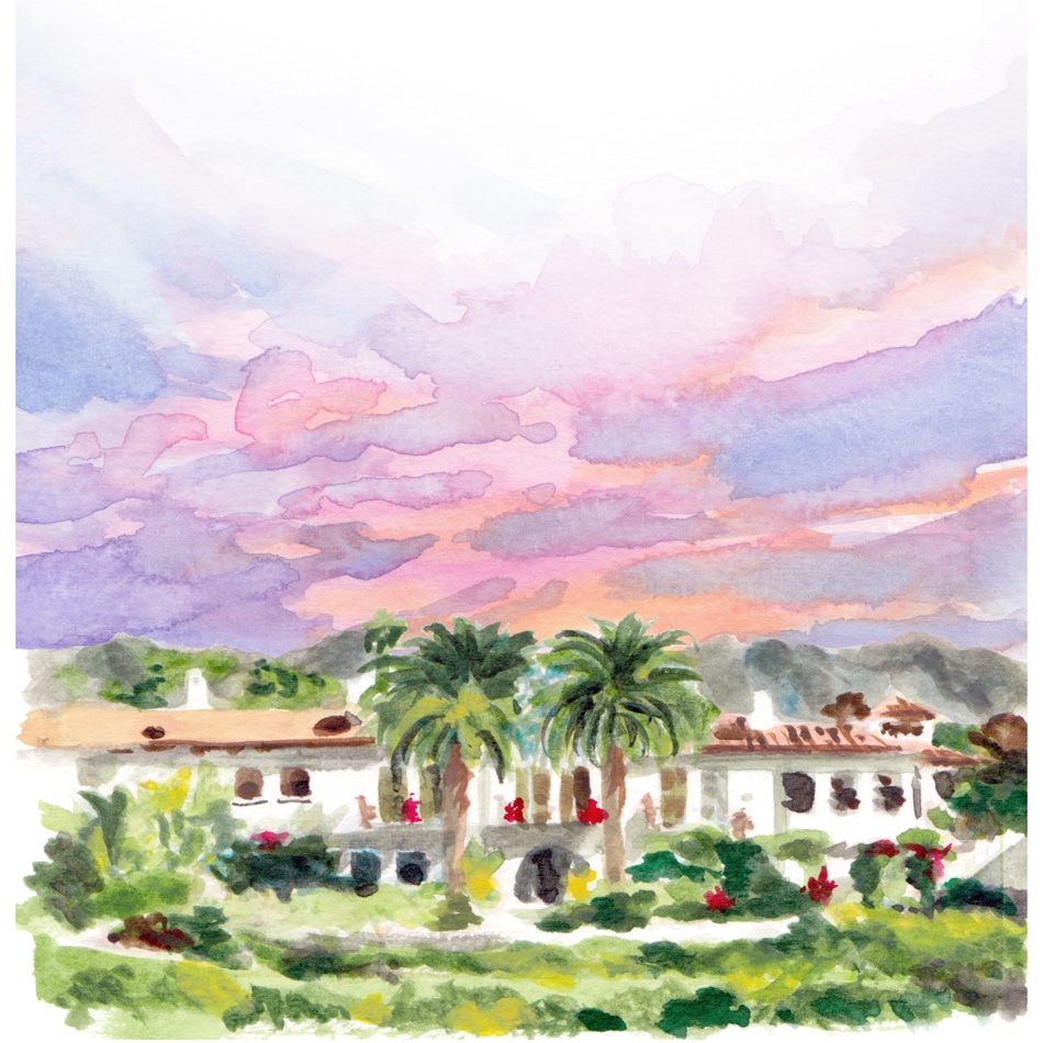 Custom Cali House at sunset watercolor wedding venue illustration by artist Michelle Mospens.