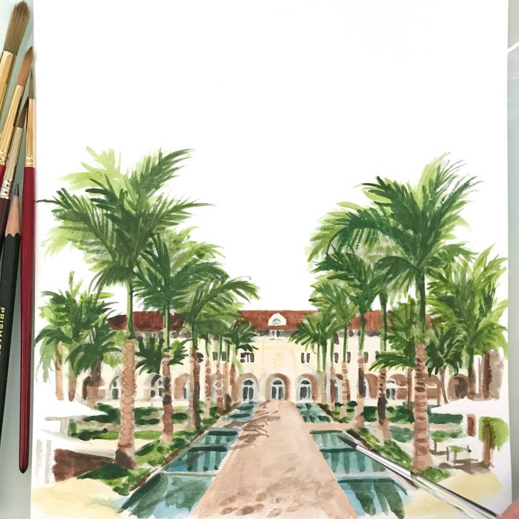 Casa Marina wedding venue watercolor sketch by artist Michelle Mospens.