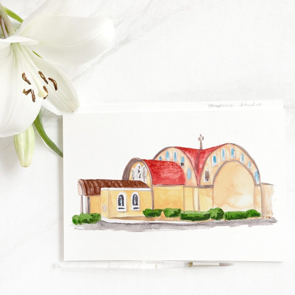 Hand-painted Greek Church watercolor venue sketch by Michelle Mospens.