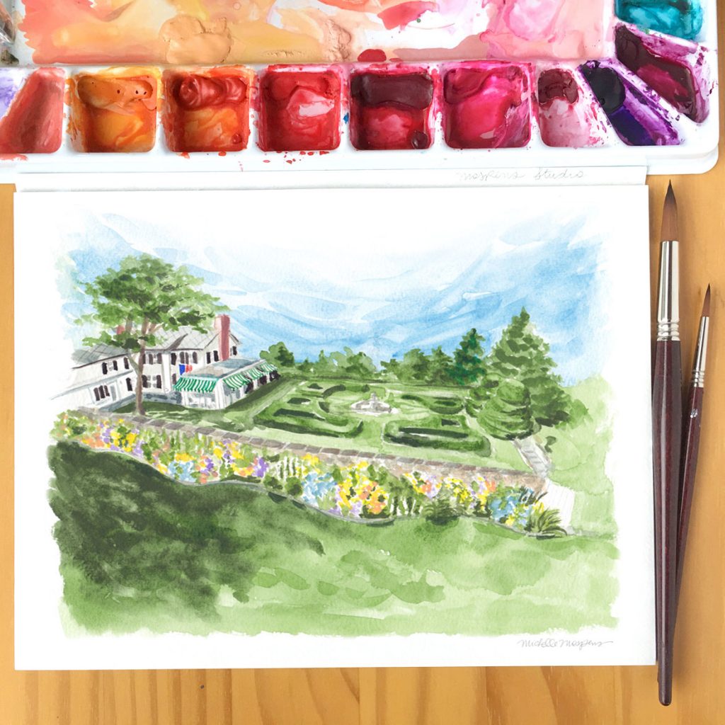 Private residence wedding venue watercolor sketch by Michelle Mospens.