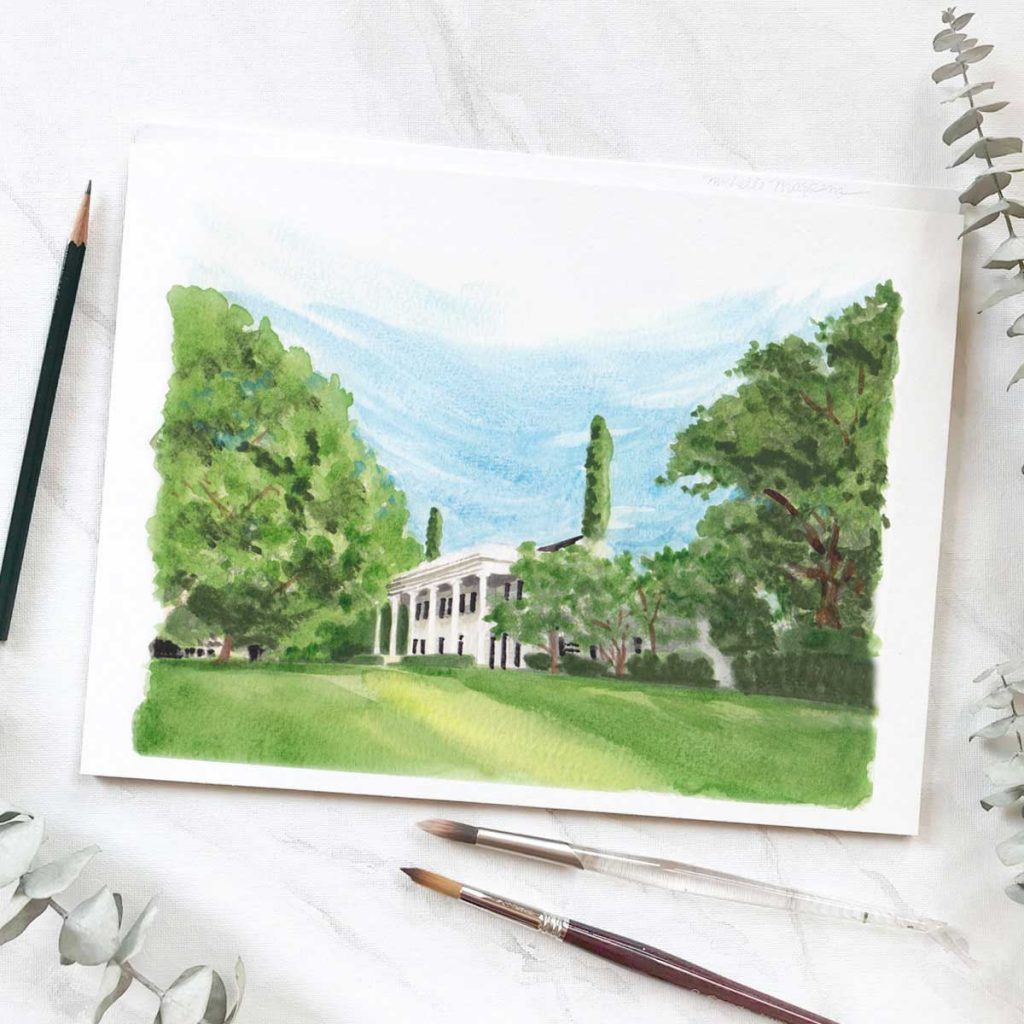 Hand-painted watercolor private residence for a wedding venue illustration. Original art by Michelle Mospens.
