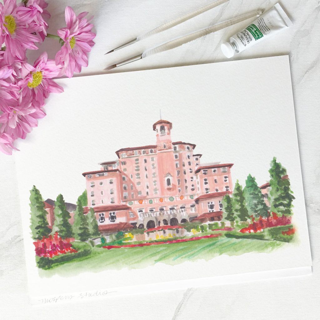 Hand-painted watercolor Broadmoor wedding venue illustration by artist Michelle Mospens.