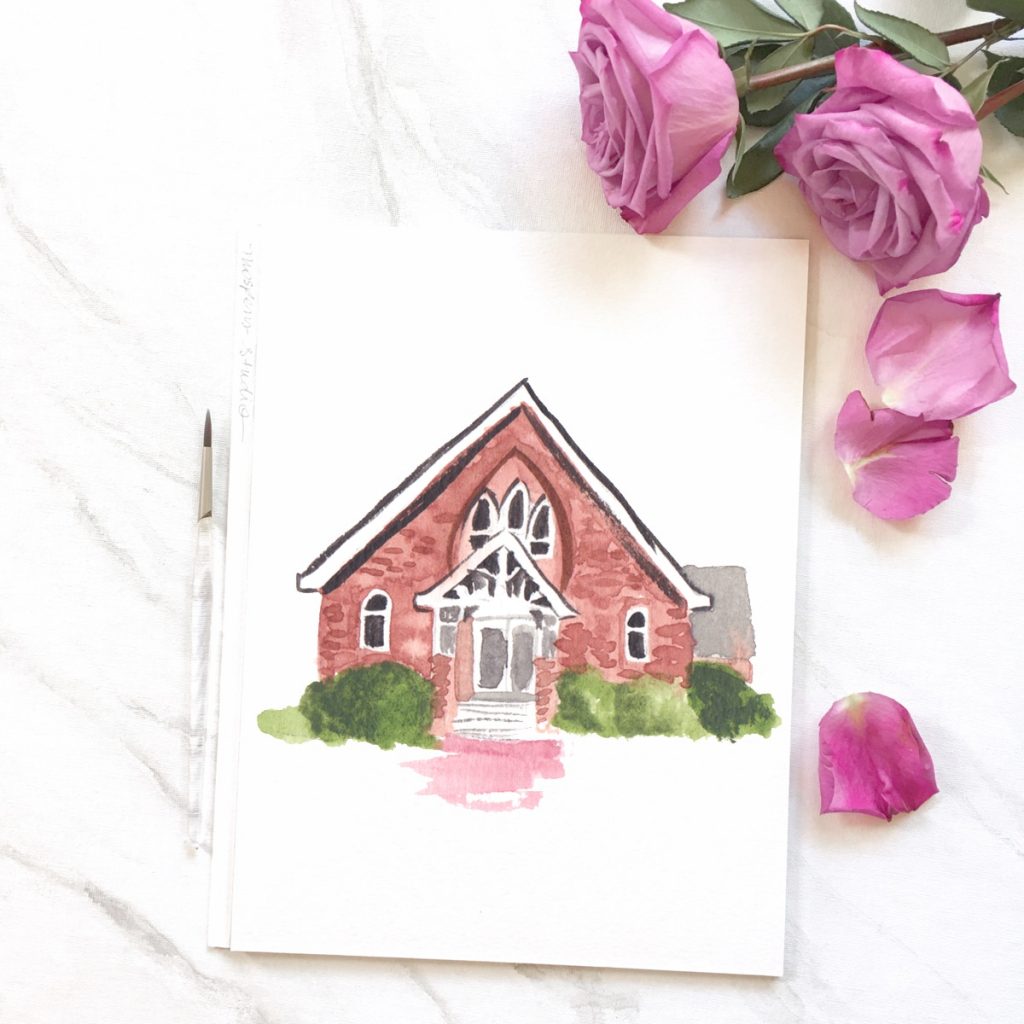 Hand-painted St. Gertrudes Church watercolor venue sketch by Michelle Mospens.