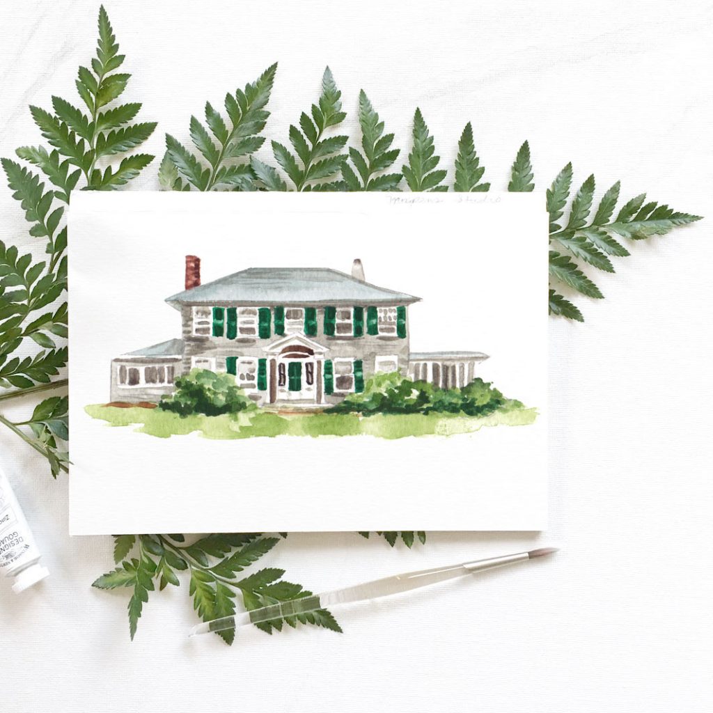 Private residence wedding venue watercolor illustration by Michelle Mospens.