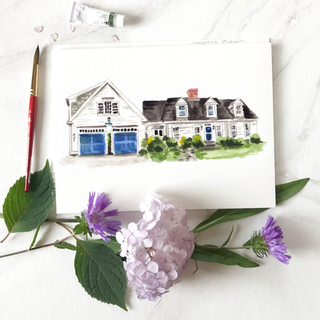 Private residence wedding venue illustration watercolor by Michelle Mospens.