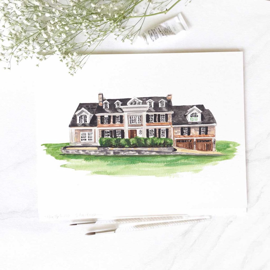Hand-painted watercolor private residence for a wedding venue illustration. Original art by Michelle Mospens. // Mospens Studio