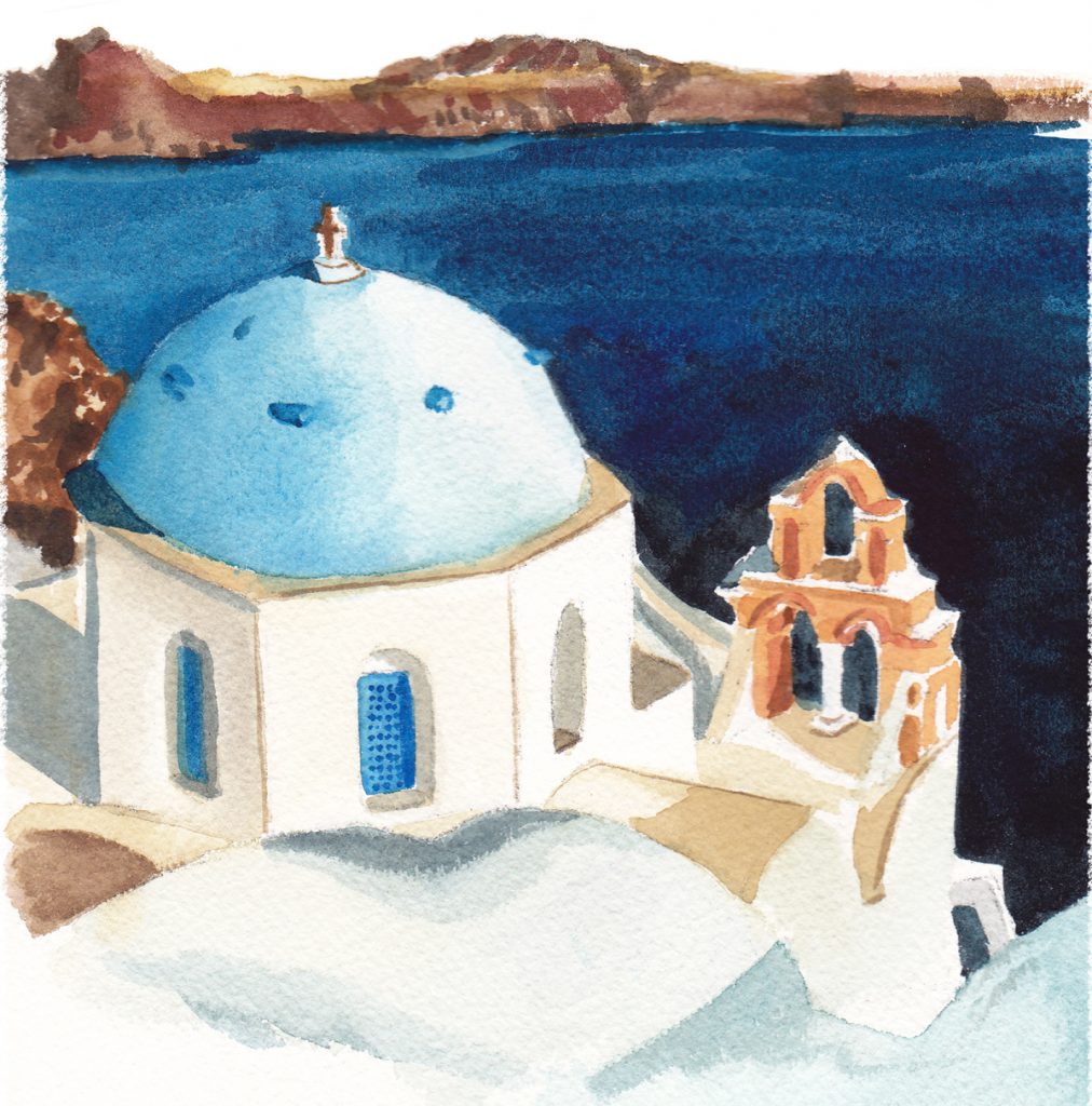 Santorini Greece Church wedding venue illustration in watercolor by Michelle Mospens.