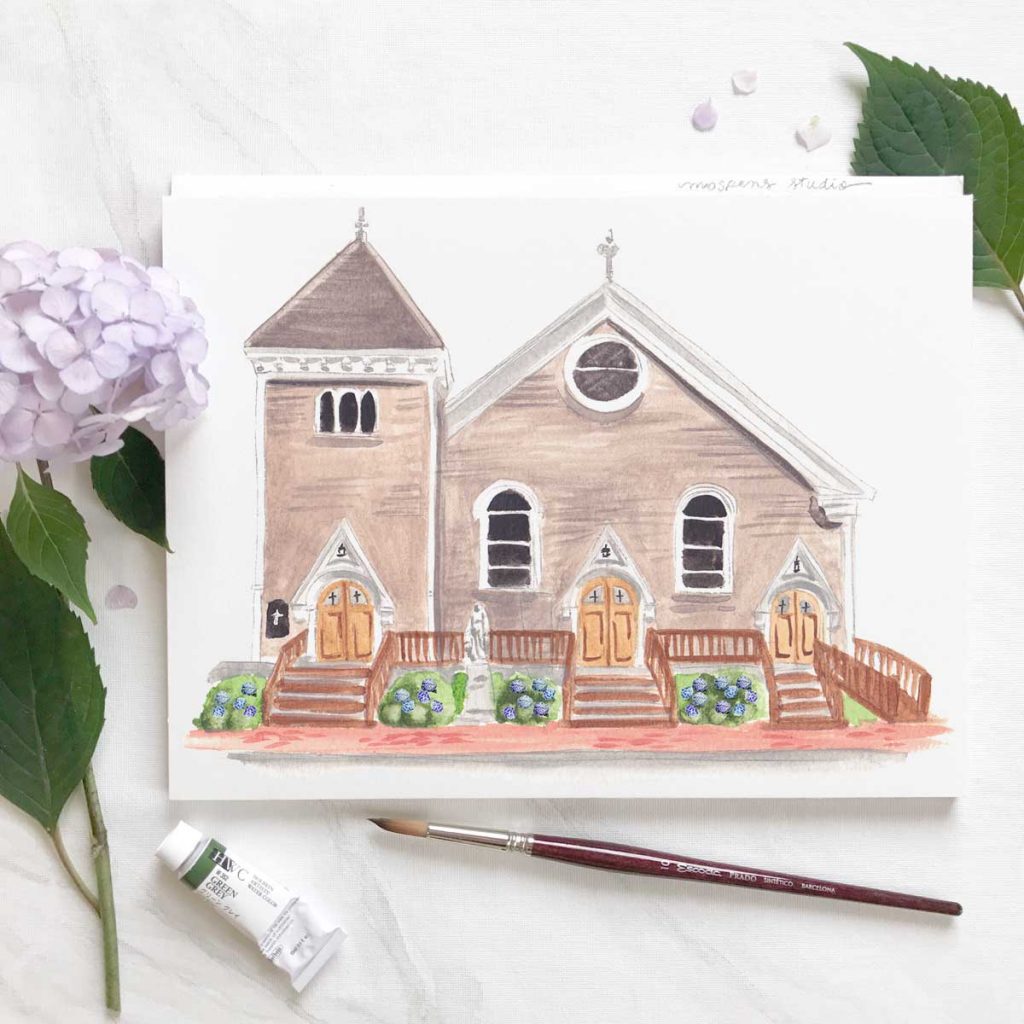 Hand painted St. Mary, Our Lady of the Isle Catholic Church for a wedding in Nantucket, Massachusetts by Michelle Mospens. // Mospens Studio