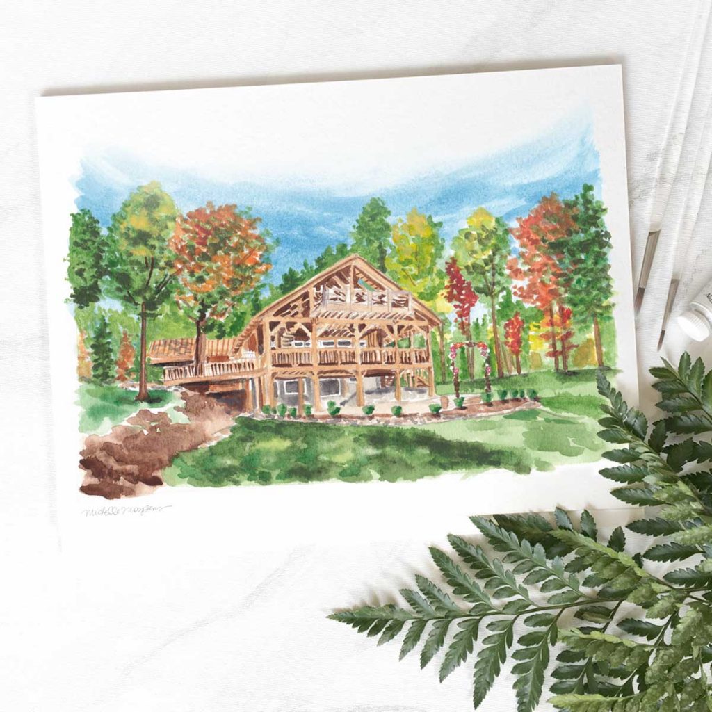 The barn wedding venue in Ohio watercolor illustration by Michelle Mospens.