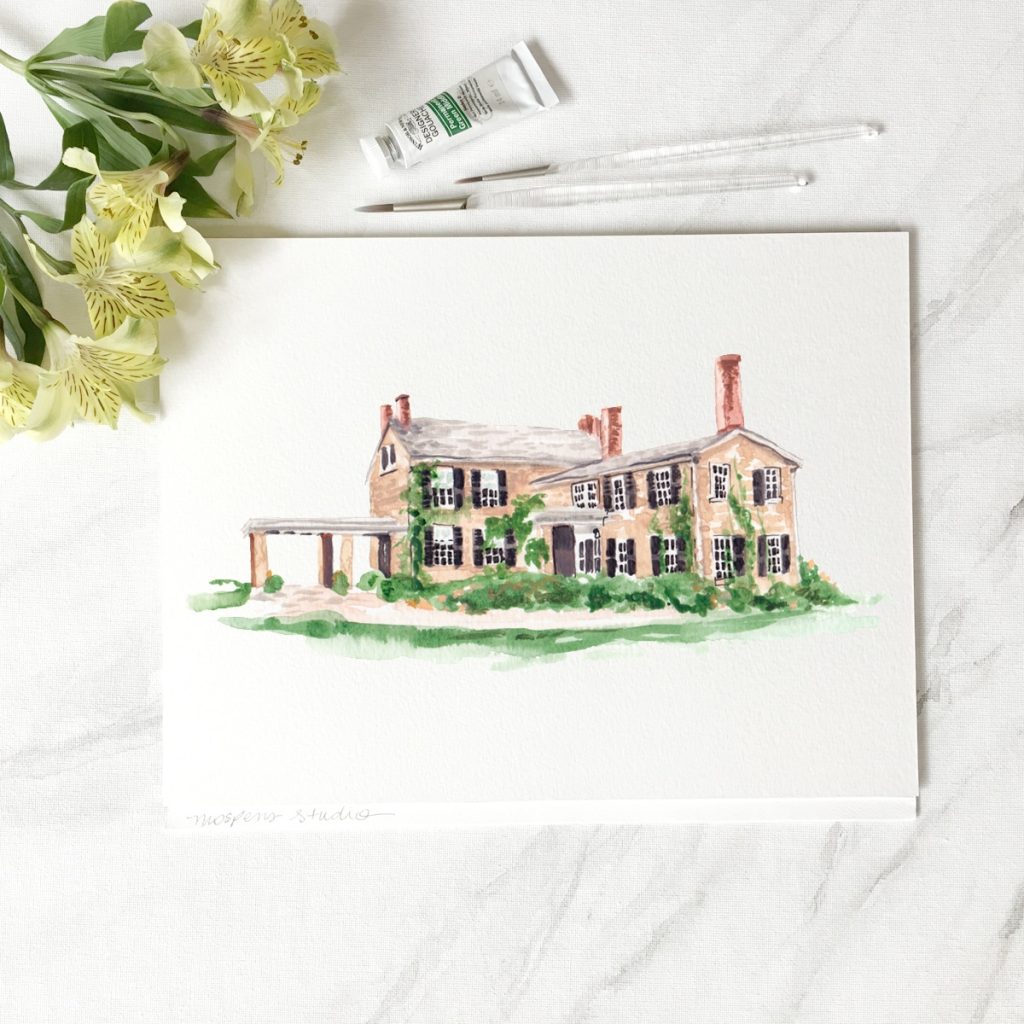 The Peter Allen House watercolor wedding venue sketch by artist Michelle Mospens.