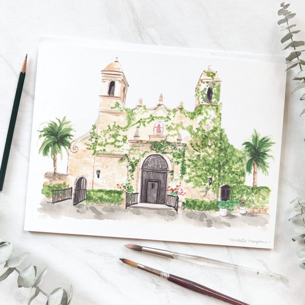 Watercolor Plymouth Congregational Church Miami Florida wedding venue sketch. Original art by Michelle Mospens.