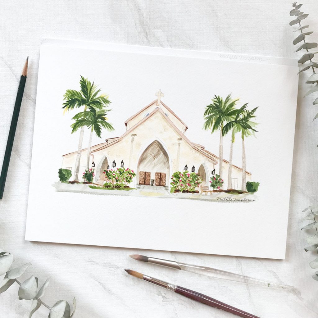 Hand-painted watercolor St. Patrick Catholic Church Palm Beach Florida wedding venue by Michelle Mospens.