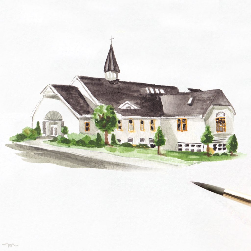 Watercolor church wedding venue illustration by artist Michelle Mospens.