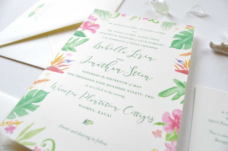 Original Hawaiian Botanicals beach wedding invitations by artist Michelle Mospens. - Mospens Studio