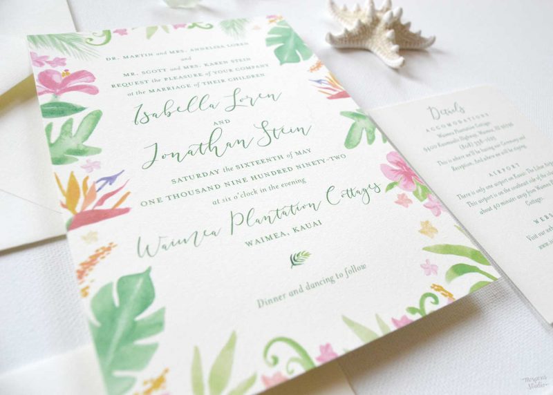 Original Hawaiian Botanicals beach wedding invitations by artist Michelle Mospens. - Mospens Studio