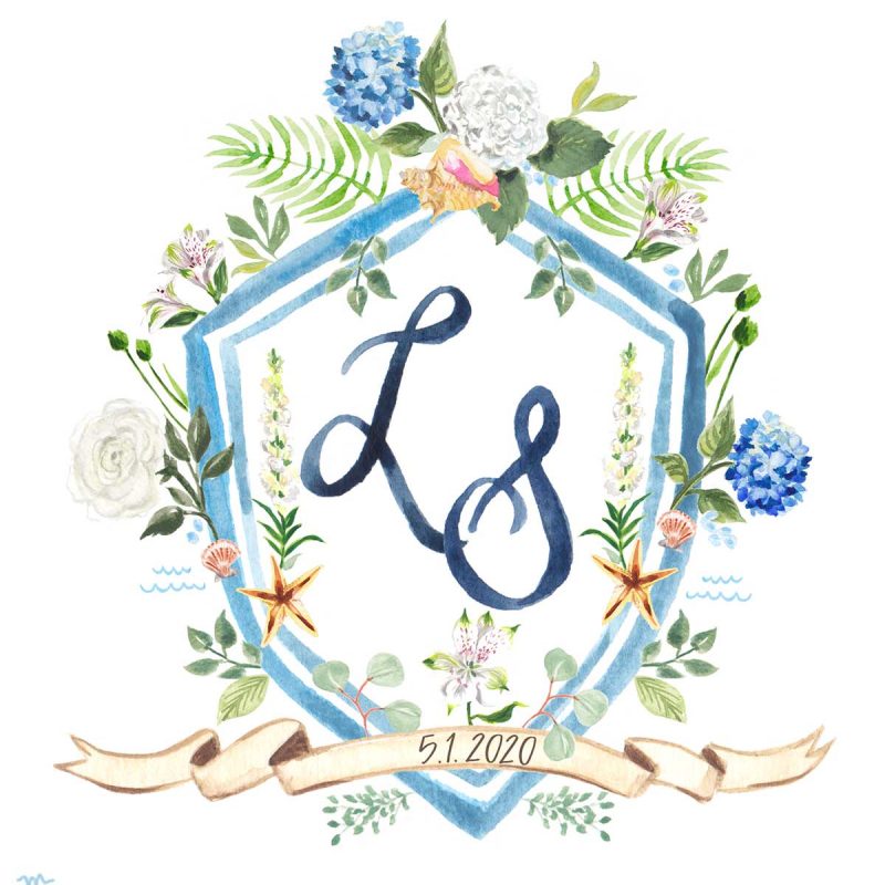 Hand-painted watercolor wedding crest for a beach wedding by artist Michelle Mospens. - Mospens Studio